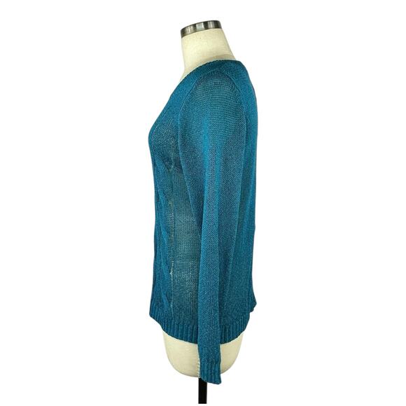 SOFT SURROUNDINGS Teal Blue Cable Knit Button Back Open Knit Sweater Women's S - Picture 2 of 6